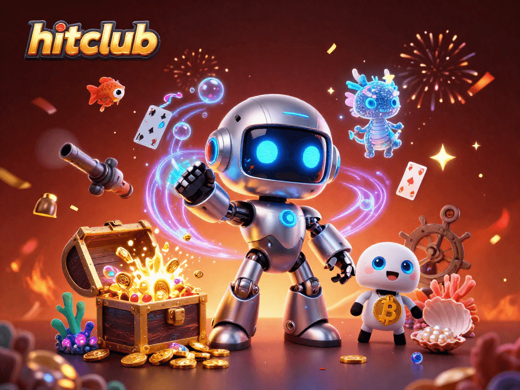 Experience the thrill of hitclub with engaging casino-themed 3D characters amidst vibrant game elements.