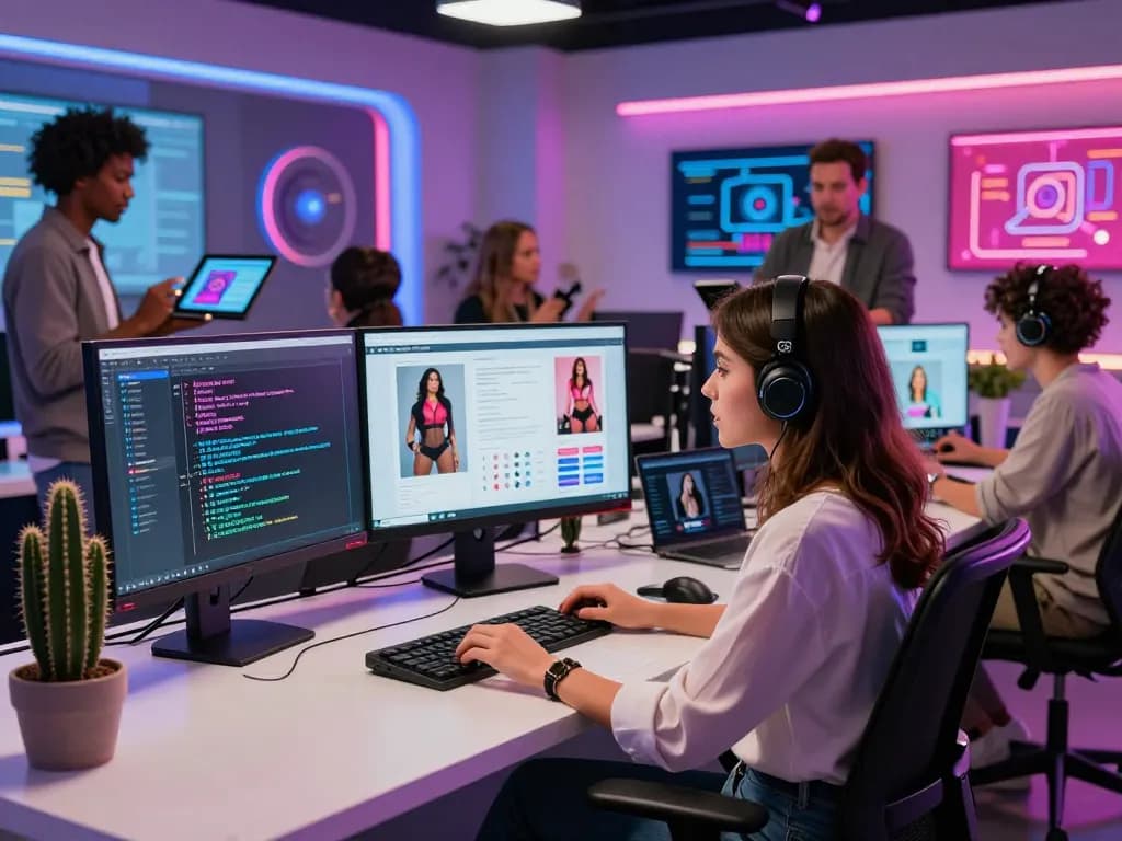Creating AI porn in a dynamic digital studio with diverse developers and tech-focused atmosphere.