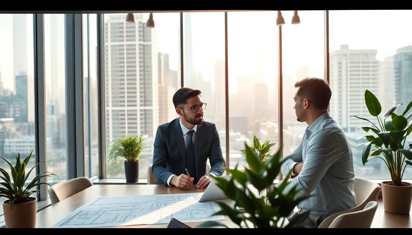 Immobilienmakler Frankfurt Riedberg berät Kunden in einem modernen Büro mit urbaner Atmosphäre.