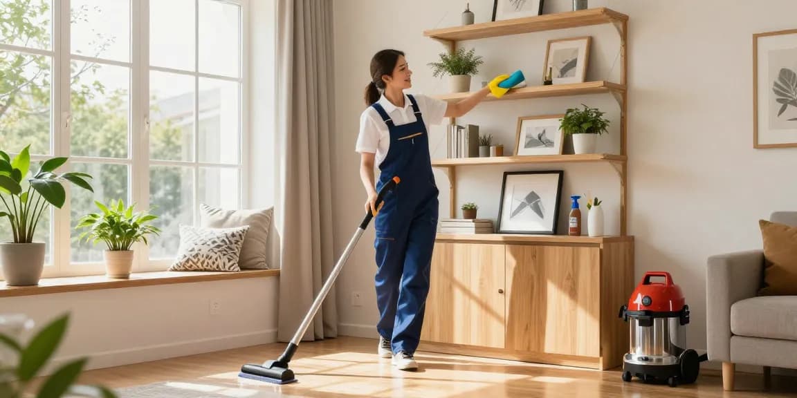 Residential cleaner performing reinigungen bern in a bright modern home, showcasing cleanliness and professionalism.