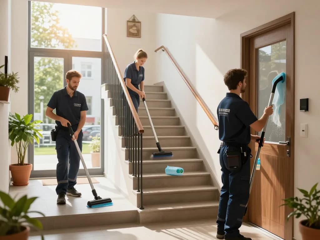 Zuverlässige Treppenhausreinigung in Münster mit einem professionellen Reinigungsteam, das einen makellosen Eingang pflegt.