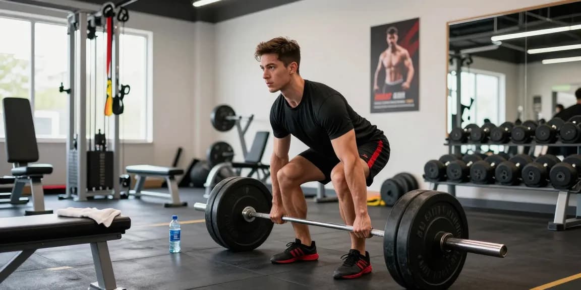 Anabolika kaufen für Muskelaufbau und Fitness, athletischer Mann beim Deadlift im modernen Gym.