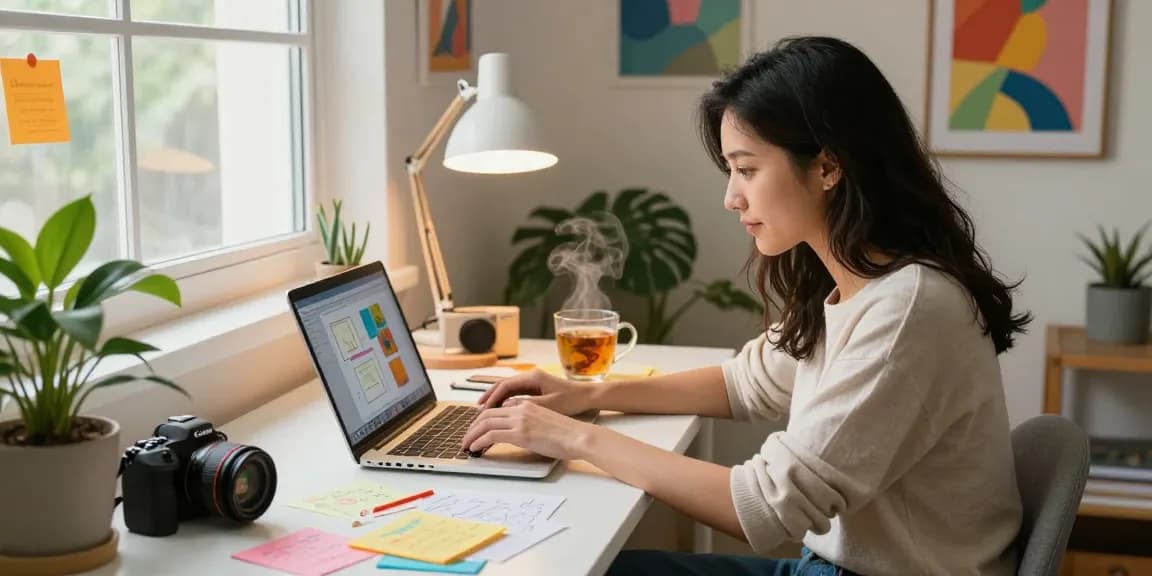 Engaged woman using an nsfw ai generator in a cozy home office.