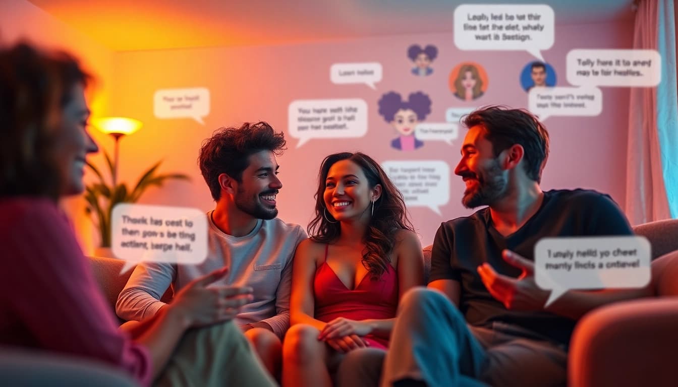 Engaging scene of diverse users in a lively sex chat environment, showcasing interactions in a cozy digital interface.