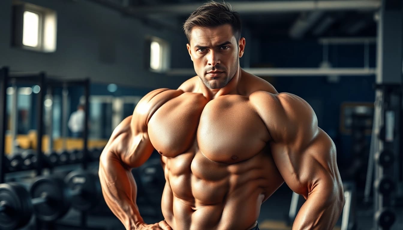 Maxibal Nandrolone Testosterone for building muscle strength in a gym.