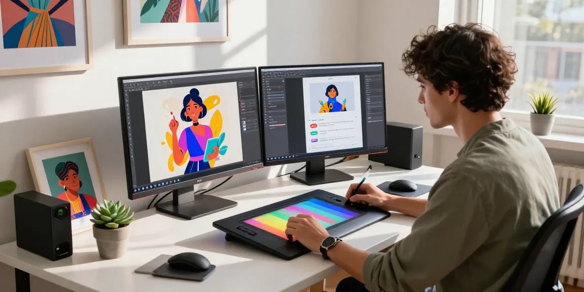Designer creating artwork for NSFW AI chat applications in a vibrant digital studio.
