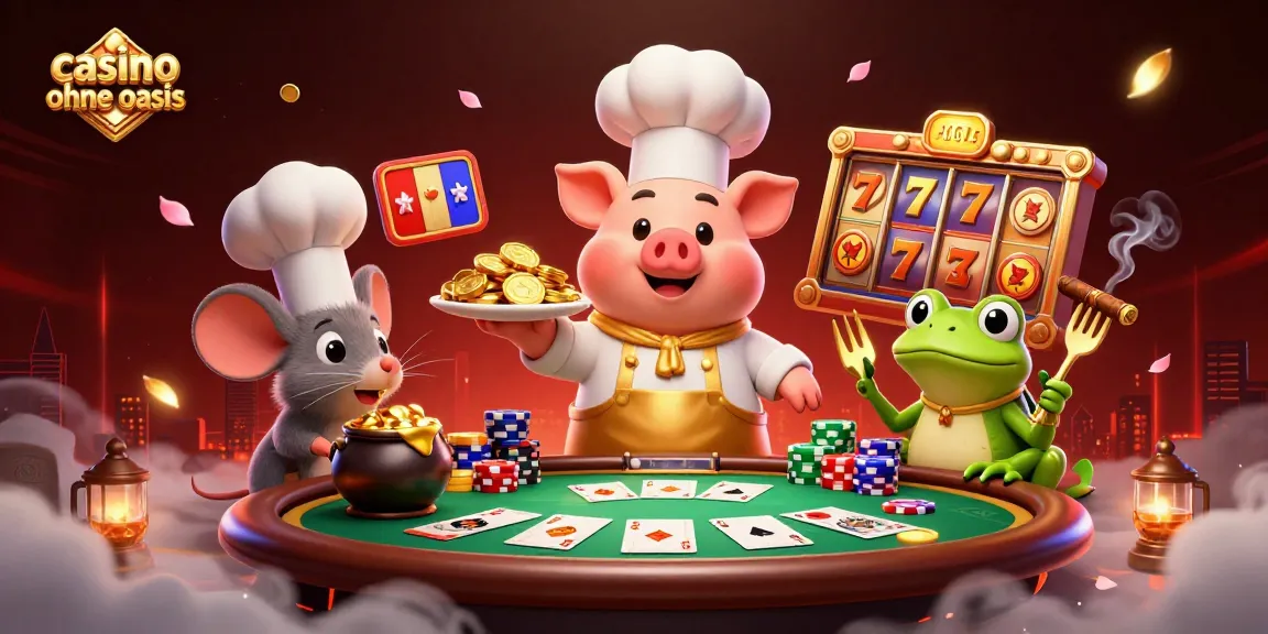 Casino ohne oasis showcases a vibrant scene of a chef pig serving gold coins amidst poker elements.