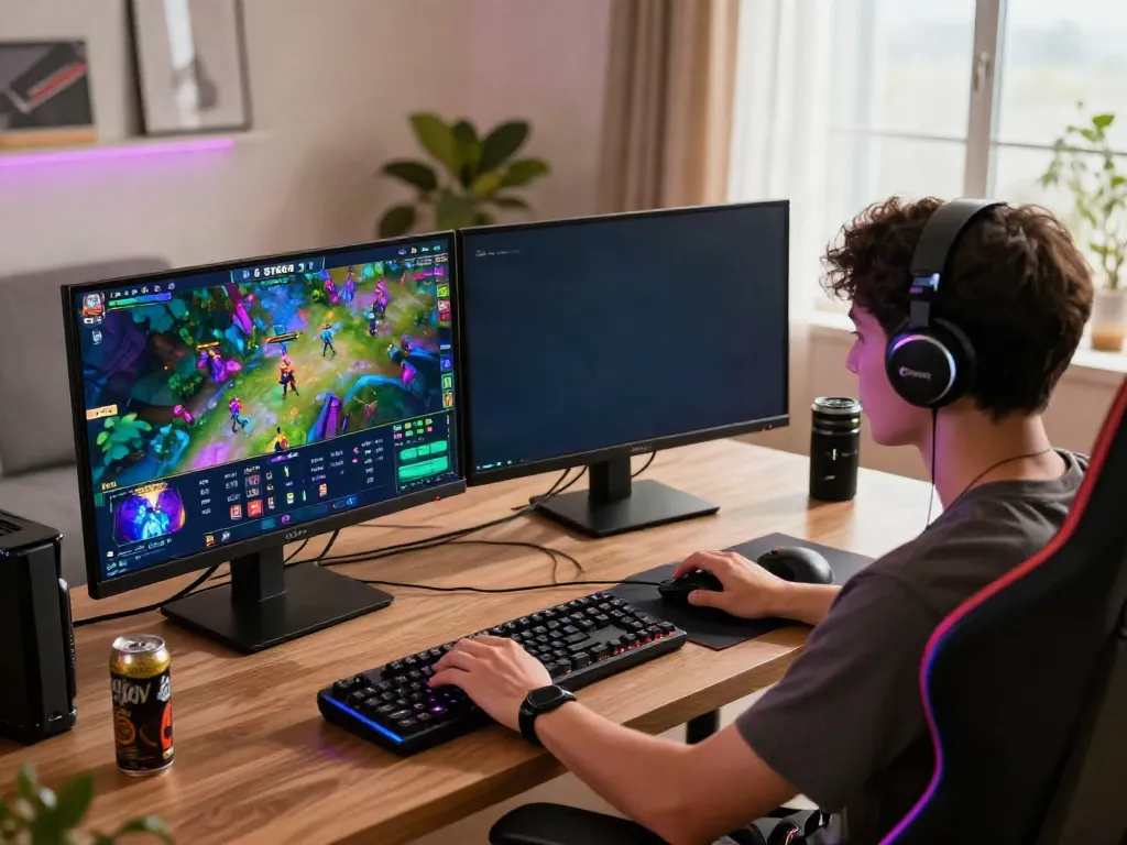 Online gaming setup featuring https://sv88.cyou/ platform on dual monitors in cozy gaming environment.