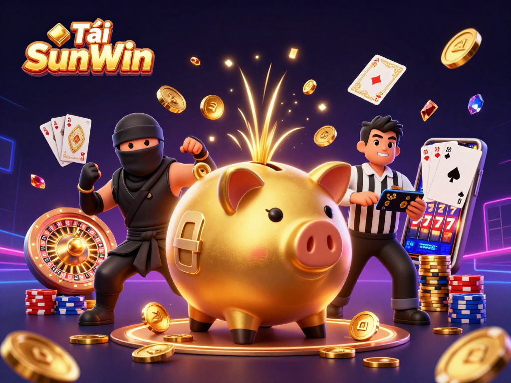 Tải SunWin showcases a vibrant casino scene with golden piggy bank wrestler and dynamic game elements.