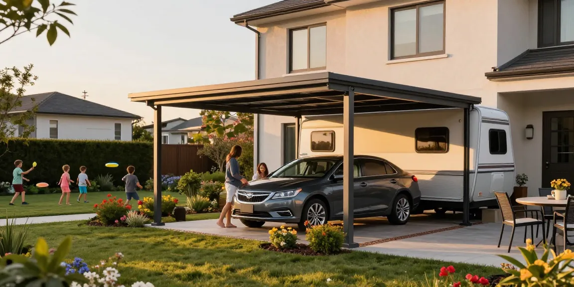 Modernes Carport-Design schützt Fahrzeug in einem schönen Garten.