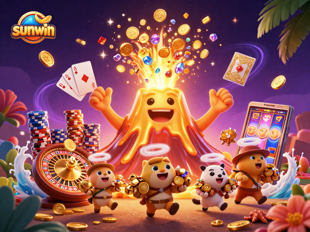 Experience the thrill of sunwin as golden treasures erupt from the volcano in this vibrant casino scene.
