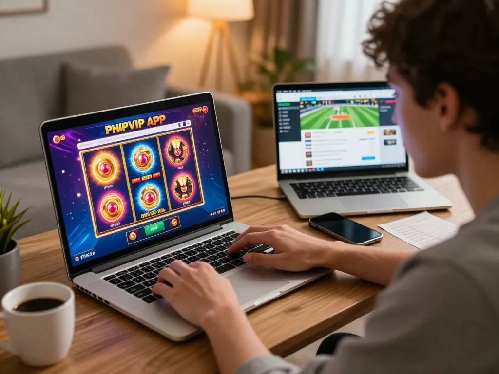 Player engaging with the PHPVIP app in a cozy home setting, enjoying online gaming responsibly.