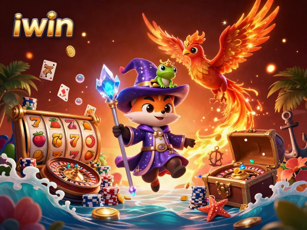 Spin the reels with iwin's vibrant casino-themed illustration of a mystical wizard fox, phoenix, and playful frog.