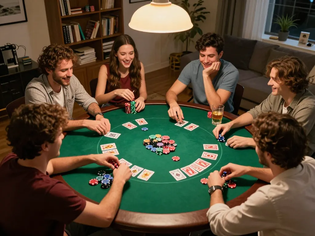 CM88 players enjoying a poker night with colorful chips and strategic moves around a green felt table