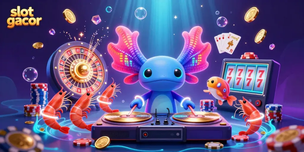 Engaging scene featuring slot gacor elements with a DJ axolotl and playful shrimp in a vibrant casino.