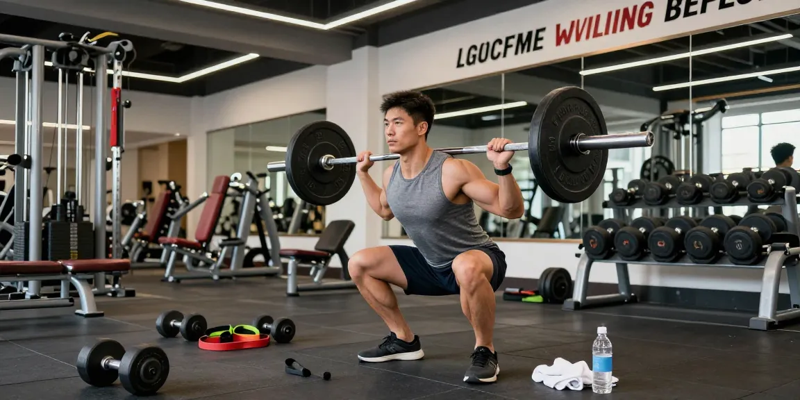 Fitness-Enthusiast im Anabolika Shop, der Kniebeugen mit der Langhantel in einem modernen Fitnessstudio ausführt, umgeben von Geräten und motivierenden Zitaten.
