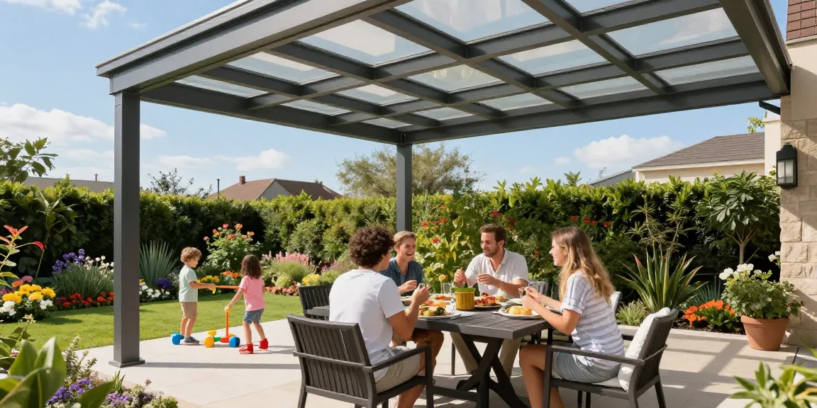 Familie genießt unter einer Terrassenüberdachung eine Mahlzeit im Garten