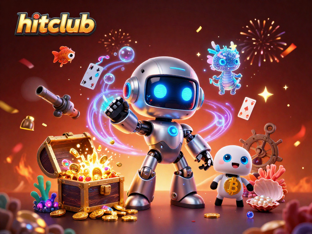 Experience the thrill of hitclub with engaging casino-themed 3D characters amidst vibrant game elements.