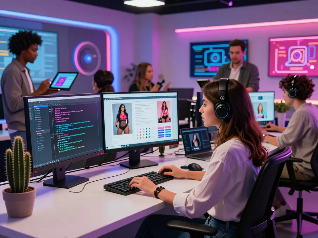 Creating AI porn in a dynamic digital studio with diverse developers and tech-focused atmosphere.