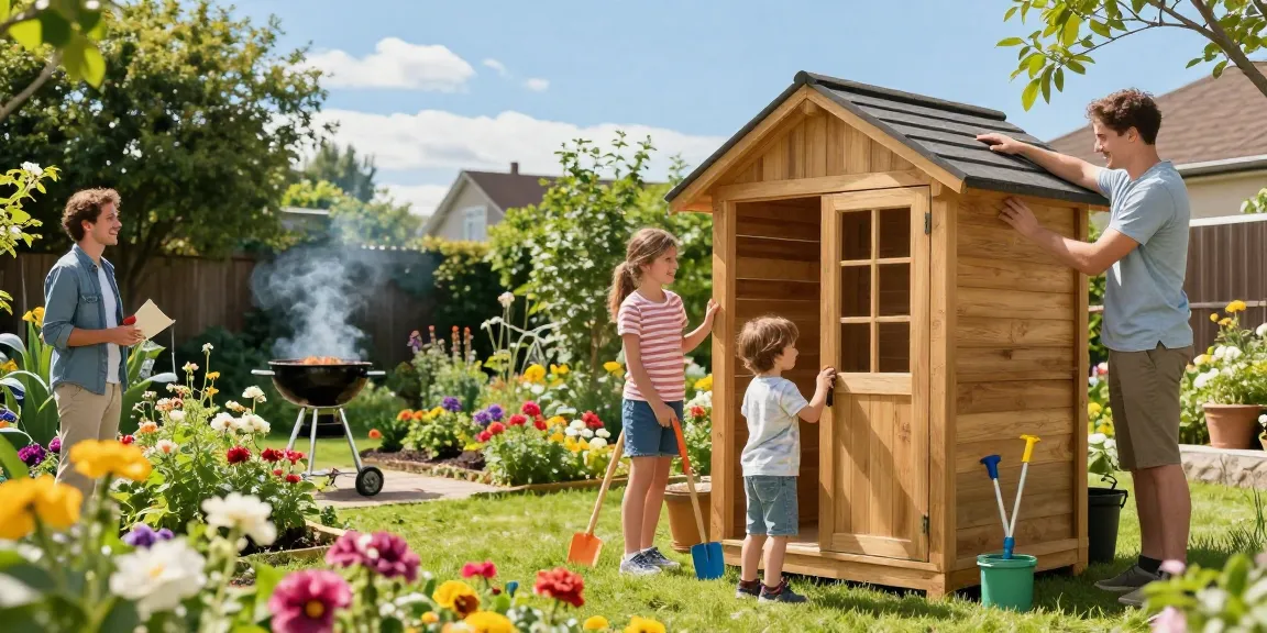 Gartenhaus kaufen: Familie beim Aufbau eines neuen Gartenhauses in ihrem bunten Garten.