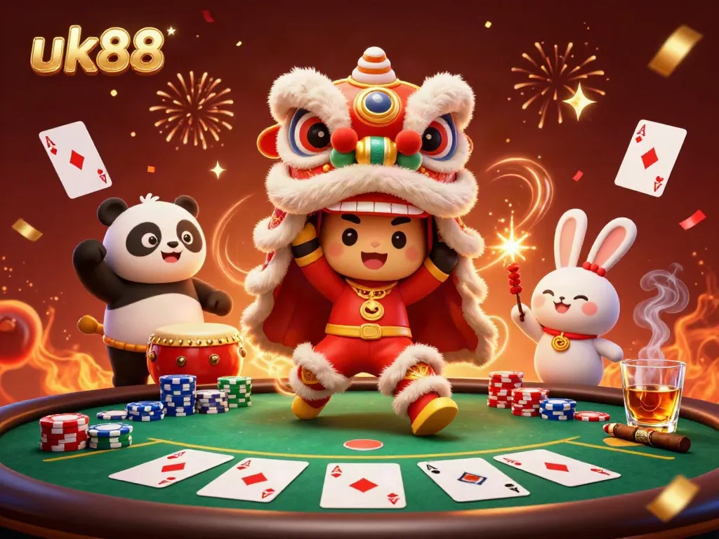 Experience the vibrant world of uk88 with a festive 3D illustration of characters celebrating with poker elements.