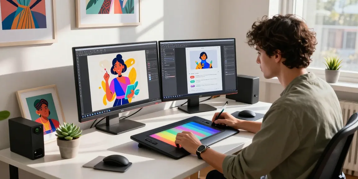Designer creating artwork for NSFW AI chat applications in a vibrant digital studio.