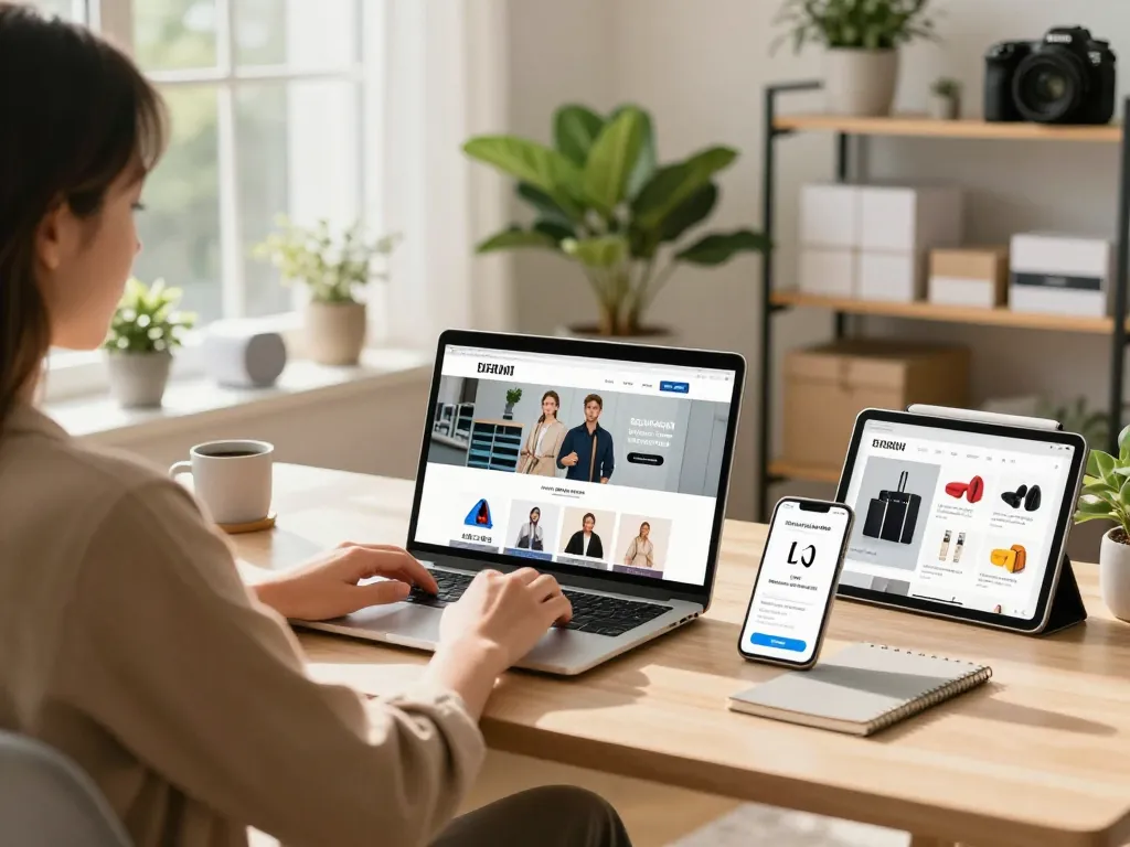 Sofort lieferbar Produkte auf einem stilvollen Homeoffice-Schreibtisch, die das Online-Shopping-Erlebnis verbessern.