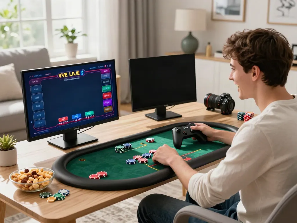 Excited user at https://nbet.page/ enjoying live casino games on a laptop