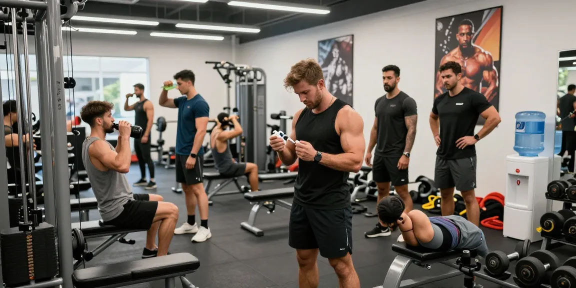 Anabolika Shop showcasing bodybuilders training and practicing safe steroid injection techniques in a modern gym environment.