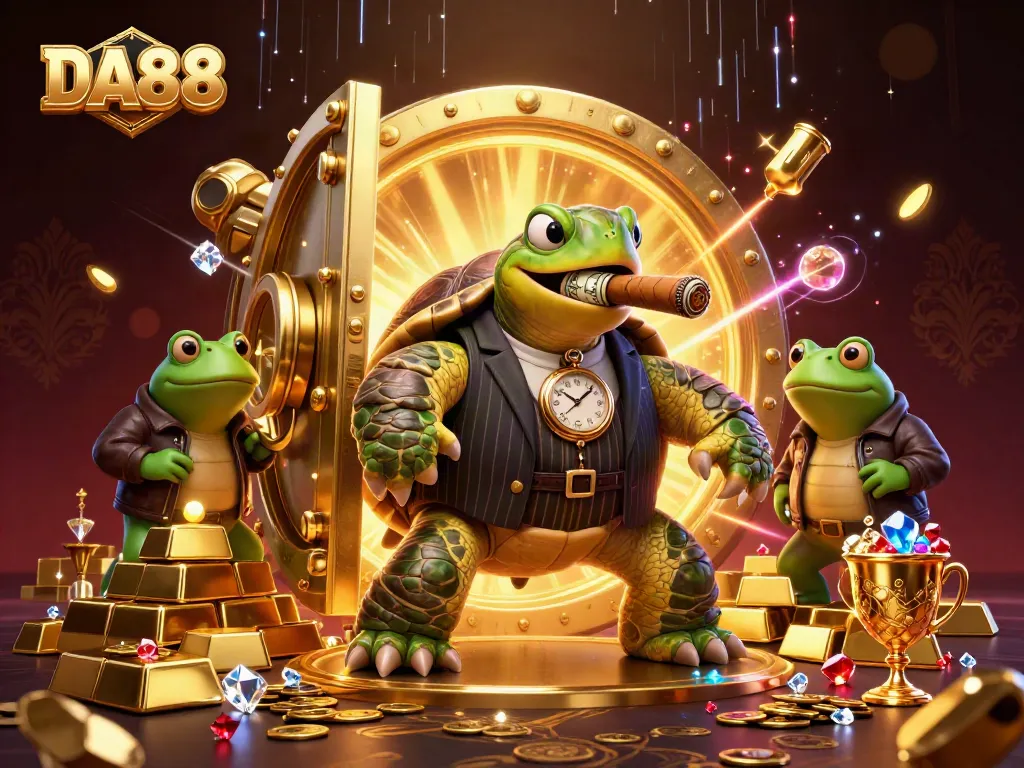 Experience thrilling jackpots at DA88 with a massive turtle mobster surrounded by gold treasures.