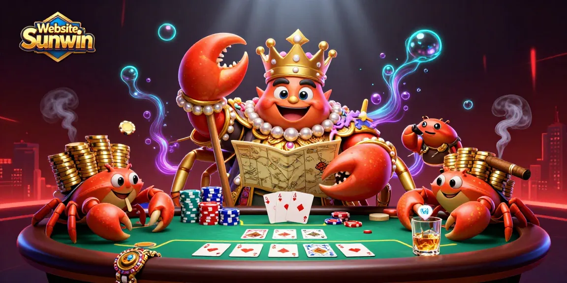Experience the excitement of Website Sunwin with a vibrant 3D illustration featuring a golden crab emperor and poker elements.