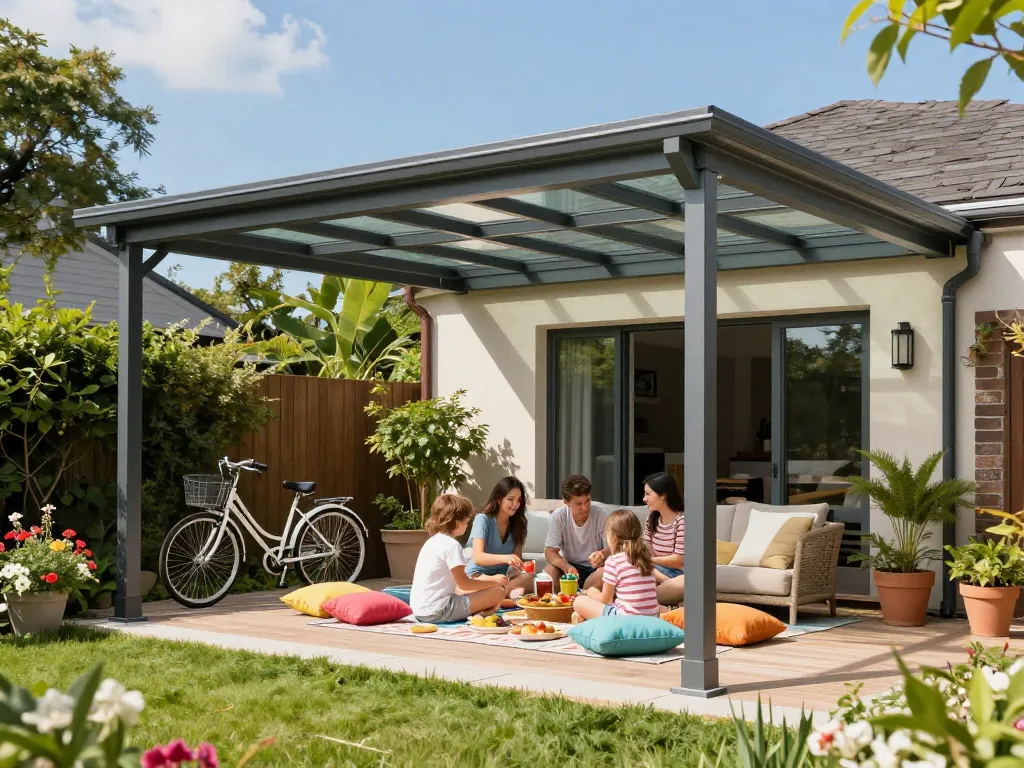 Moderne Terrassenüberdachung in einem sonnigen Garten mit Familie, die ein Picknick unter dem Glasdach genießt.