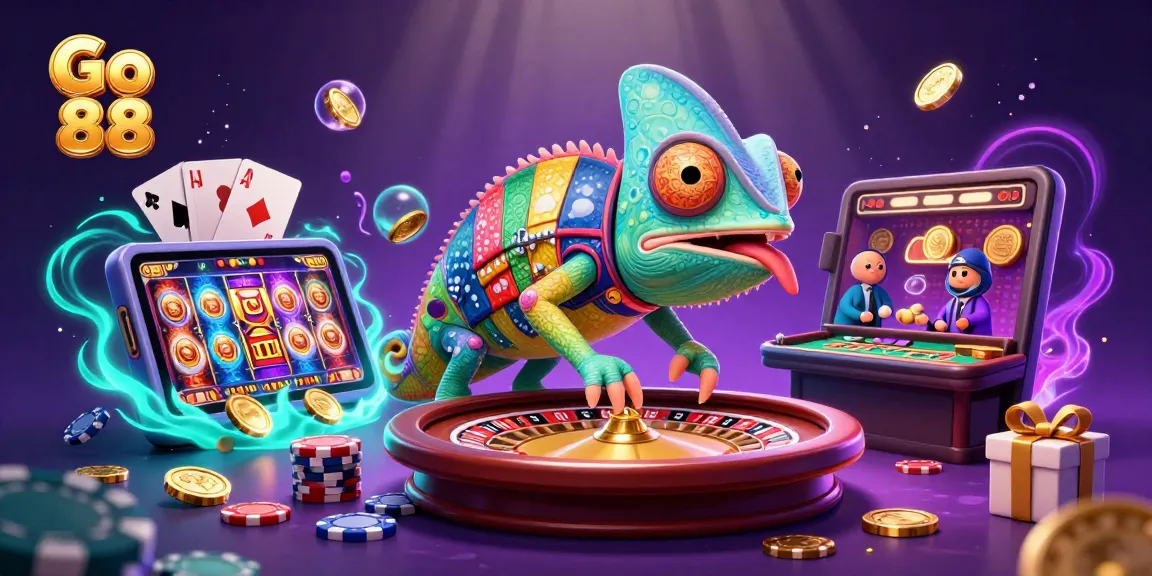 Experience the vibrant world of Go 88 with the chameleon casino owner capturing golden coins amidst dynamic games.