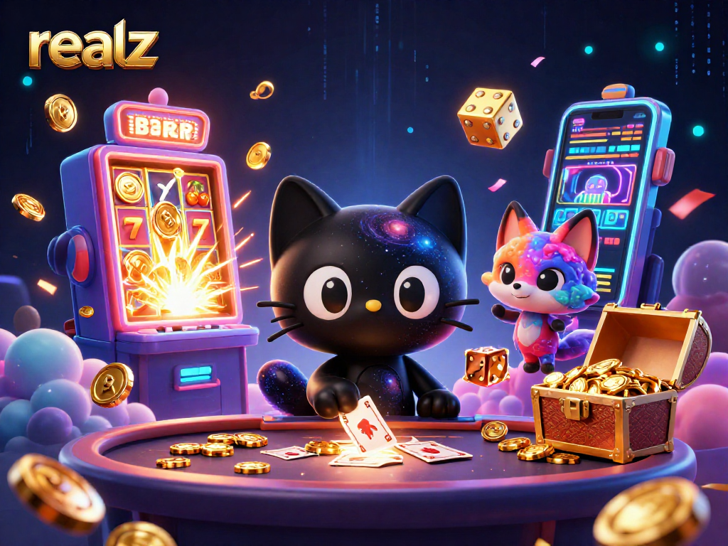 Eintauchen in die Welt von realz: Spielende Charaktere und Casino-Magie in dieser lebhaften Illustration.