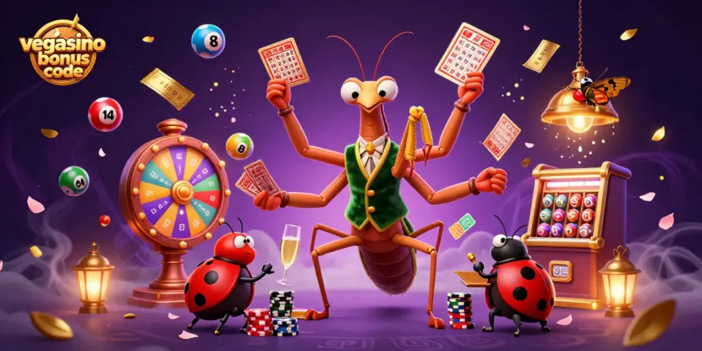 Engage with the vegasino bonus code amidst a vibrant casino scene filled with dynamic game elements.