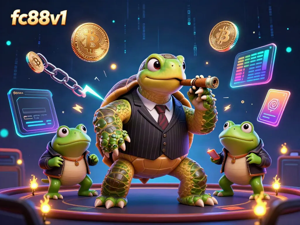 Engage with fc88v1's vibrant 3D illustration showcasing a snapping turtle in a mobster suit surrounded by crypto-themed casino elements.