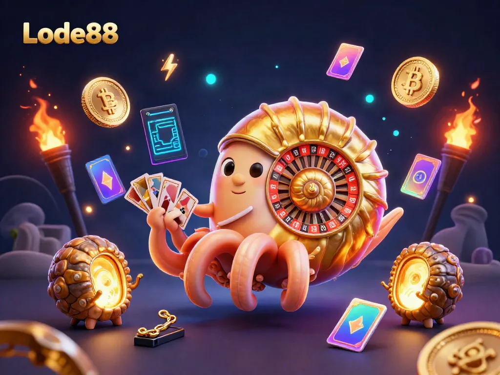 Engage in thrilling gameplay at Lode88 with vibrant 3D illustration of games and crypto elements.