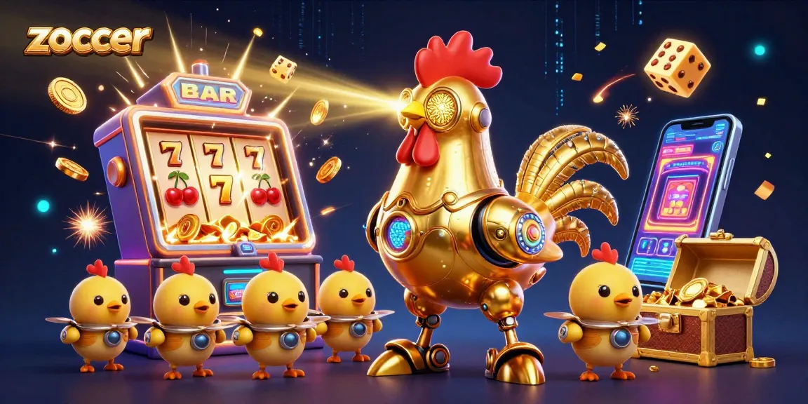 Zoccer showcases a vibrant 3D casino scene with a golden rooster robot and slot machine chaos.