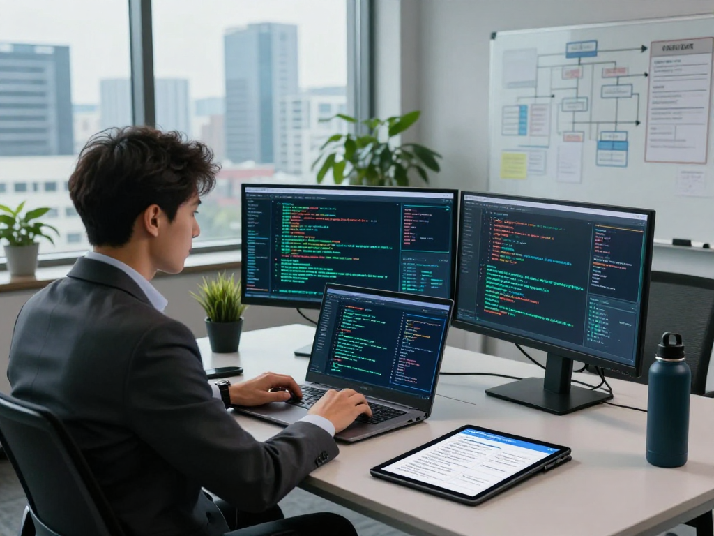Daten- und IT-Sicherheit Dienstleistung displayed in a modern IT security workspace with cybersecurity expert analyzing data protection strategies.