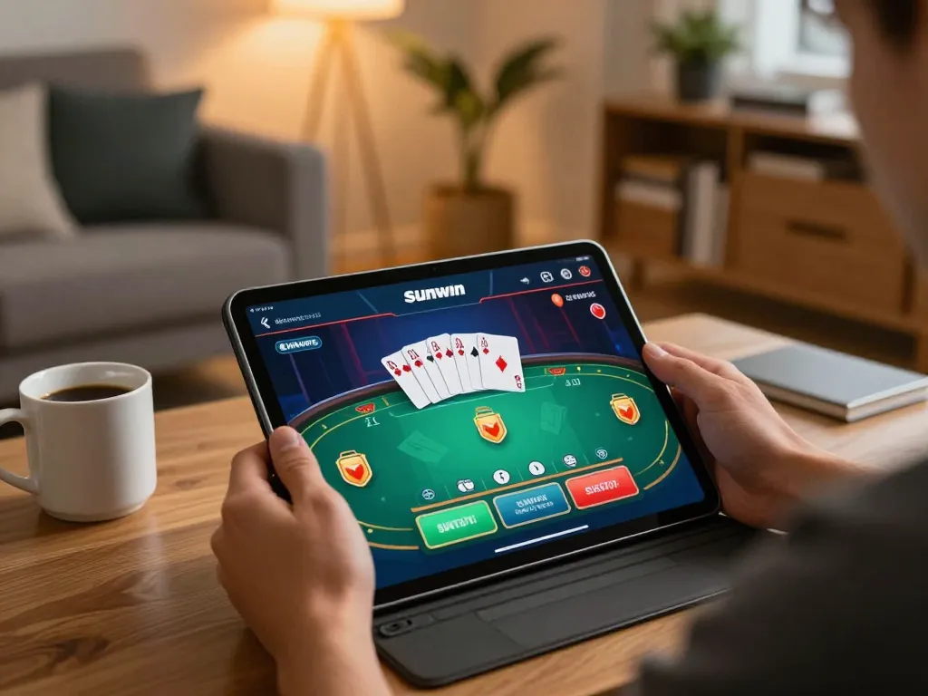 Player enjoying Sunwin app on tablet for a thrilling online poker experience.
