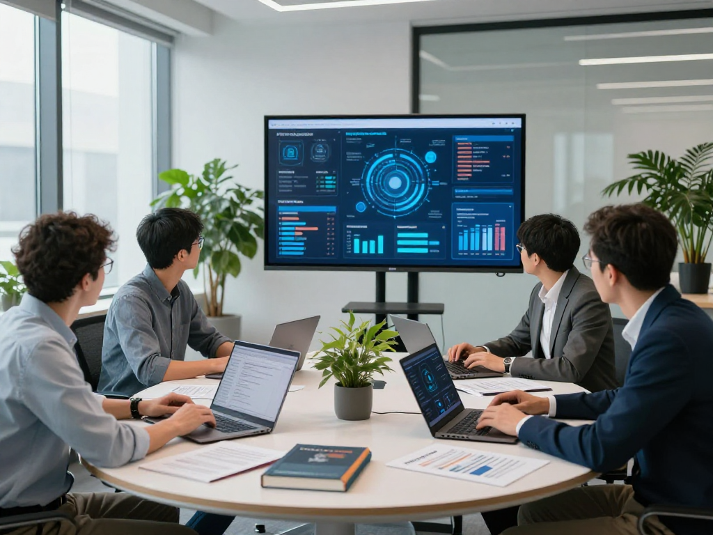 Daten- und IT-Sicherheit Dienstleistung: IT-Spezialisten analysieren Sicherheitsmaßnahmen in einem modernen Büro.