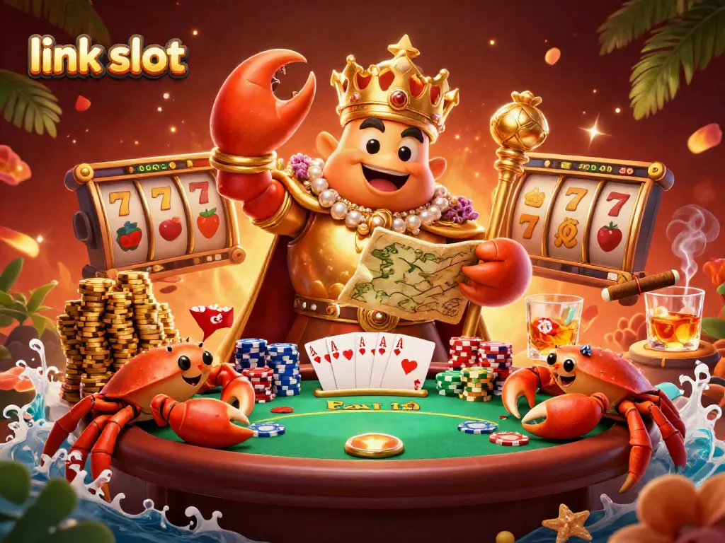 Engage with link slot gameplay featuring a regal crab emperor amidst dynamic casino elements.
