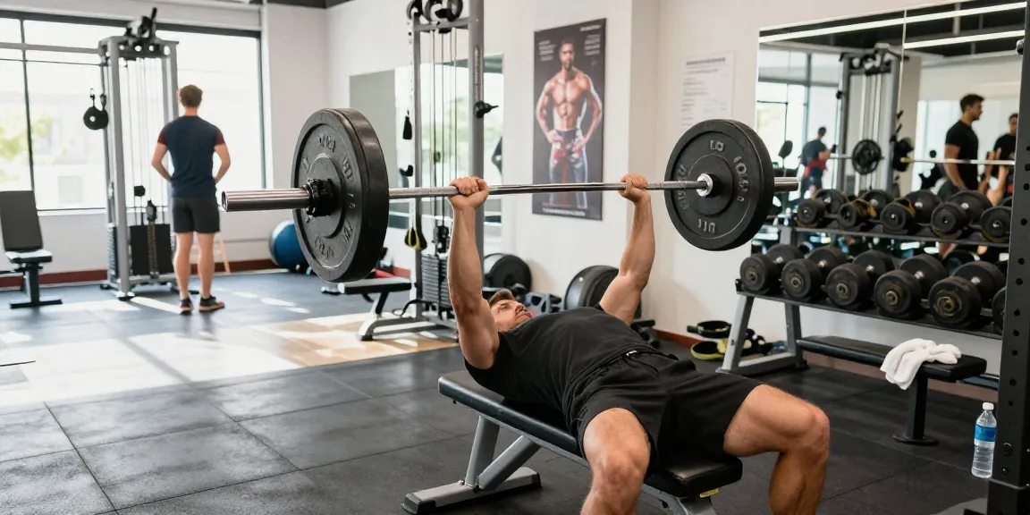 Bodybuilder beim Training im Selliza Shop Fitnessstudio mit Gewichten und Sportgeräten.