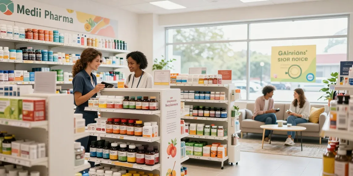 Kunde erkundet den Medi Pharma Shop mit Gesundheitsprodukten und freundlichem Personal.