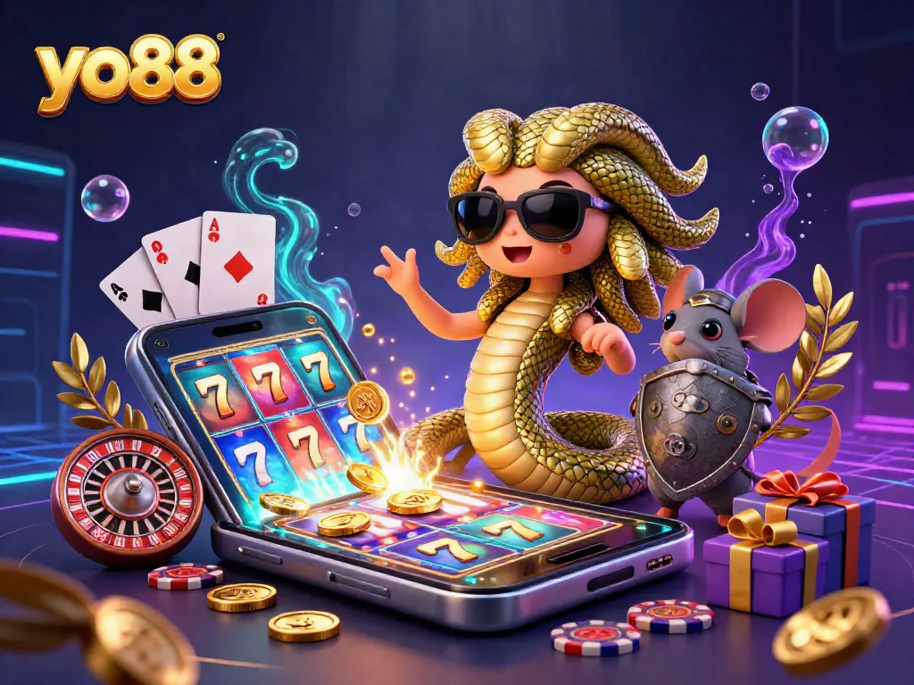 Engage in thrilling gaming action with yo88 featuring Medusa and casino elements in a vibrant scene.