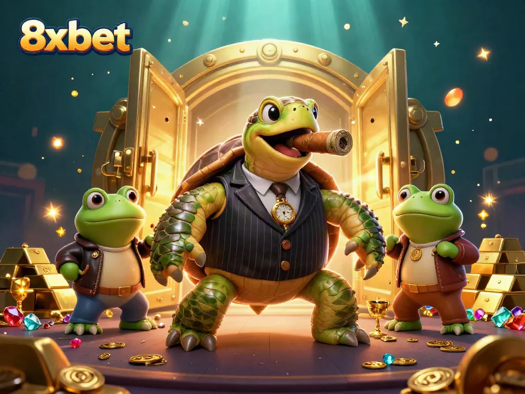Experience thrilling gameplay with the vibrant 8xbet casino scene featuring a mobster turtle and his bullfrog enforcers.