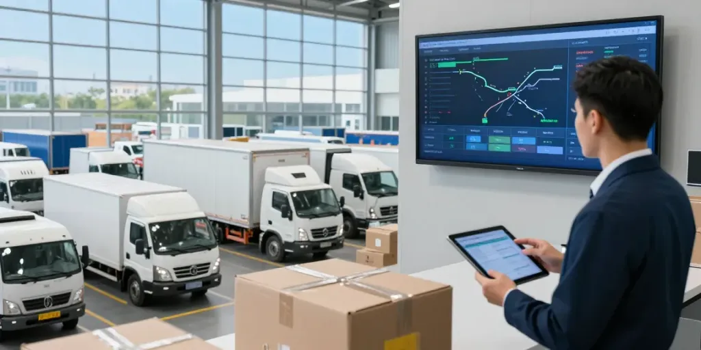 Spedition in Bielefeld: Transportmanager koordiniert internationale Logistik in einem modernen Logistikzentrum.