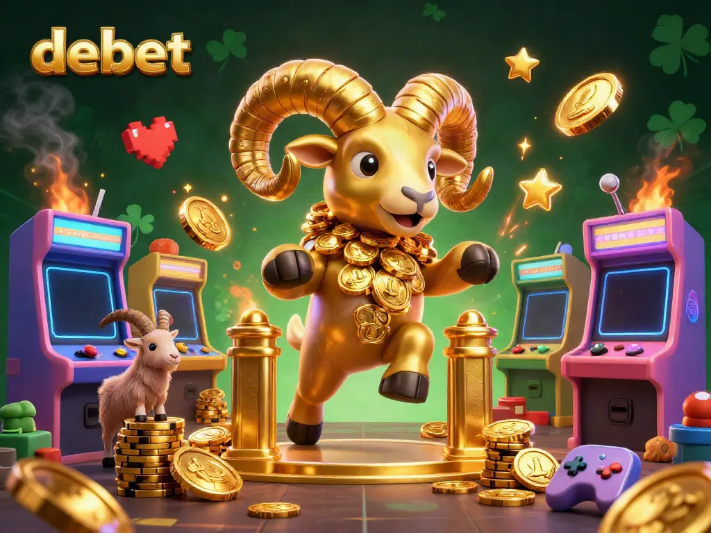 Experience the excitement at debet with a vibrant 3D casino scene filled with gold and gaming action.