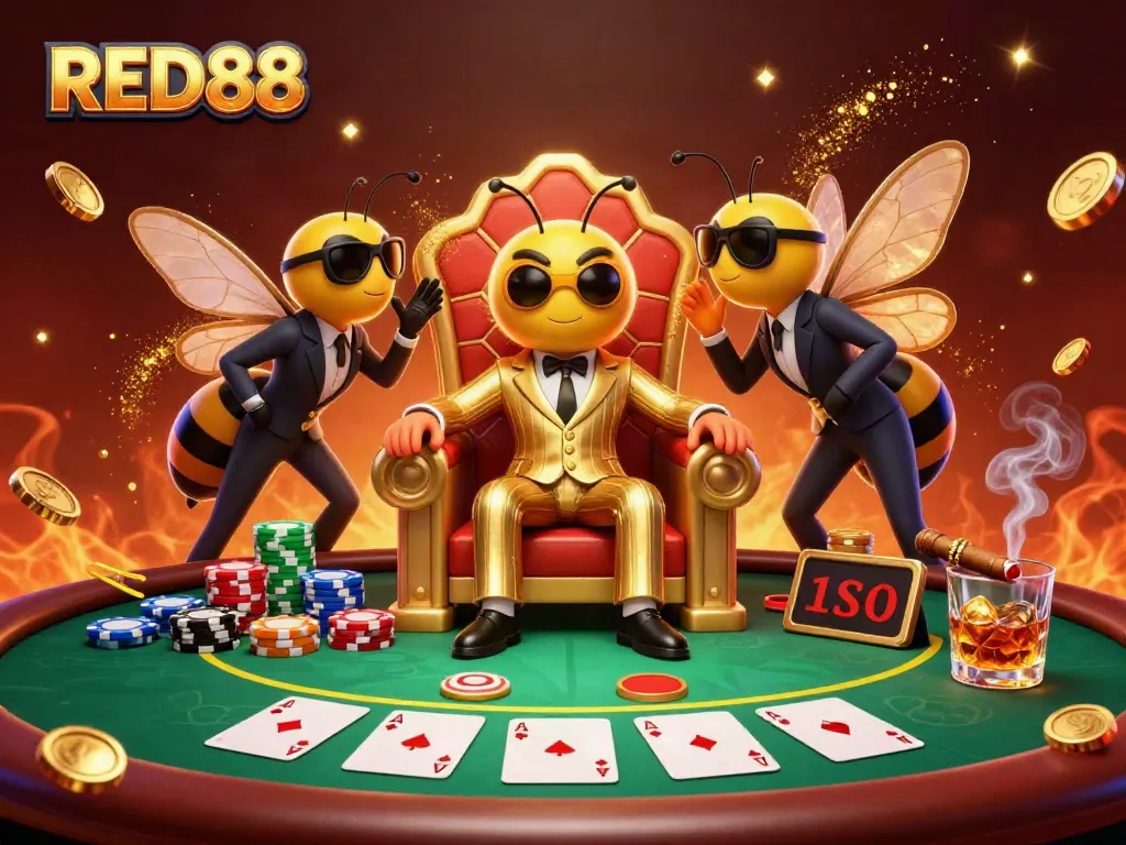 Experience thrilling gameplay at RED88’s vibrant casino with colorful poker stacks and engaging characters.
