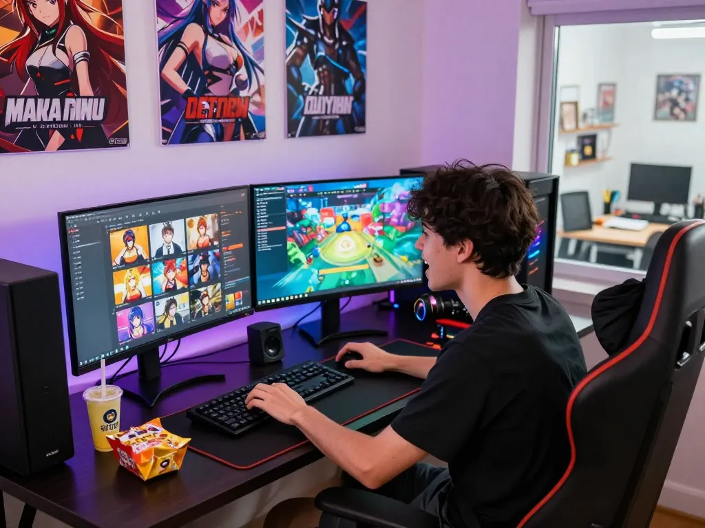 Engaging gamer experiencing thrilling hentai games on dual monitors.